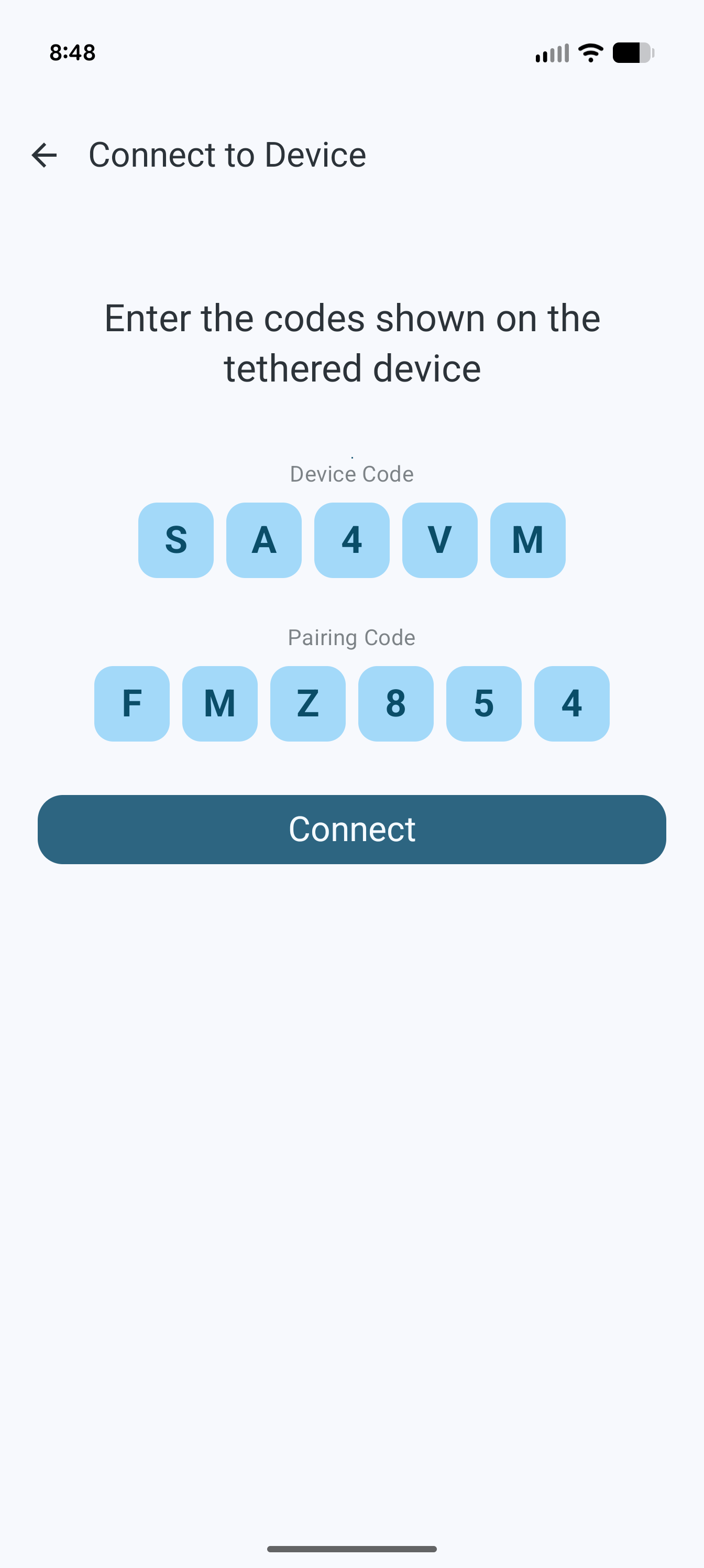 Pairing code entry on caregiver device