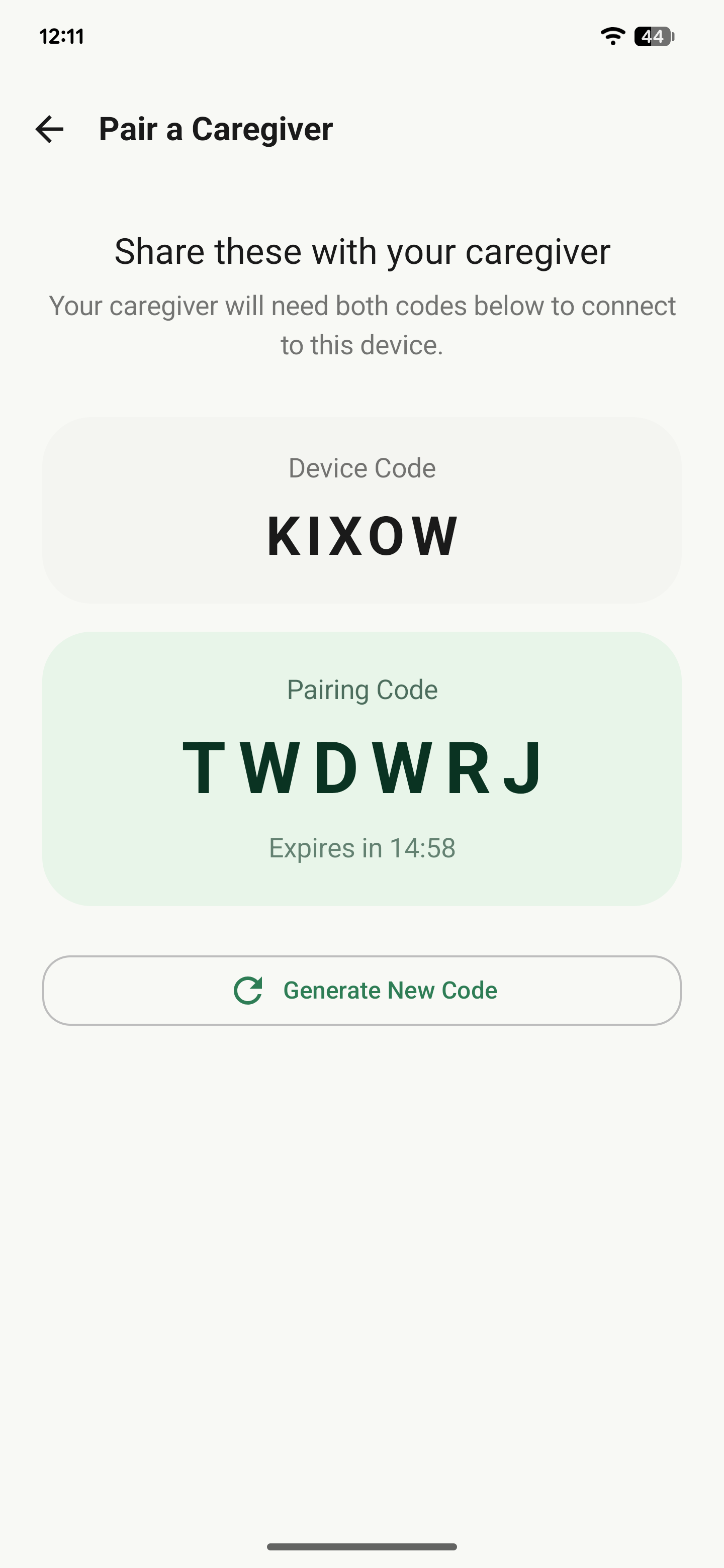 Pairing code display screen